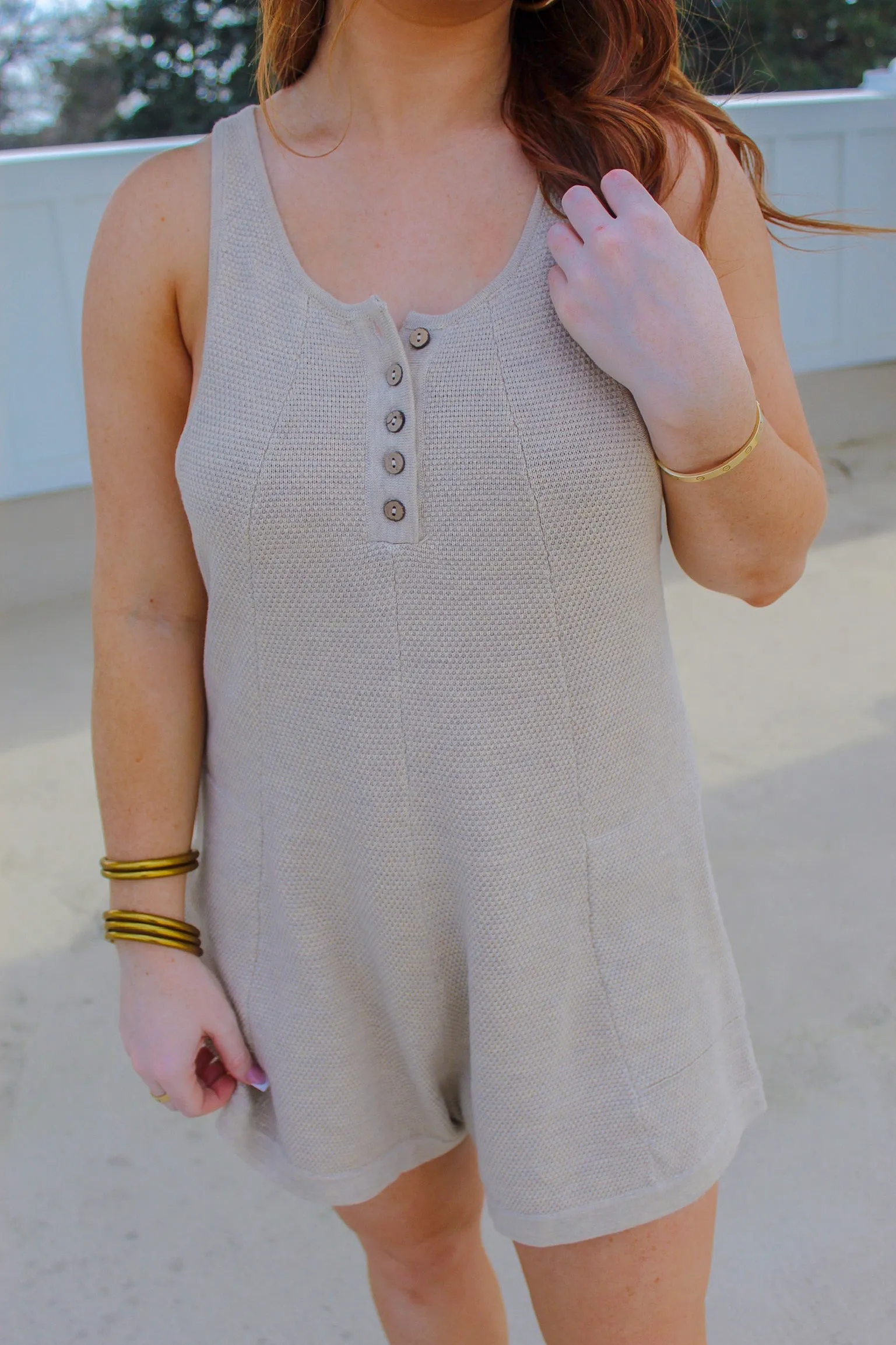 Adalyn Sleeveless Button Down Knit Romper- Taupe
