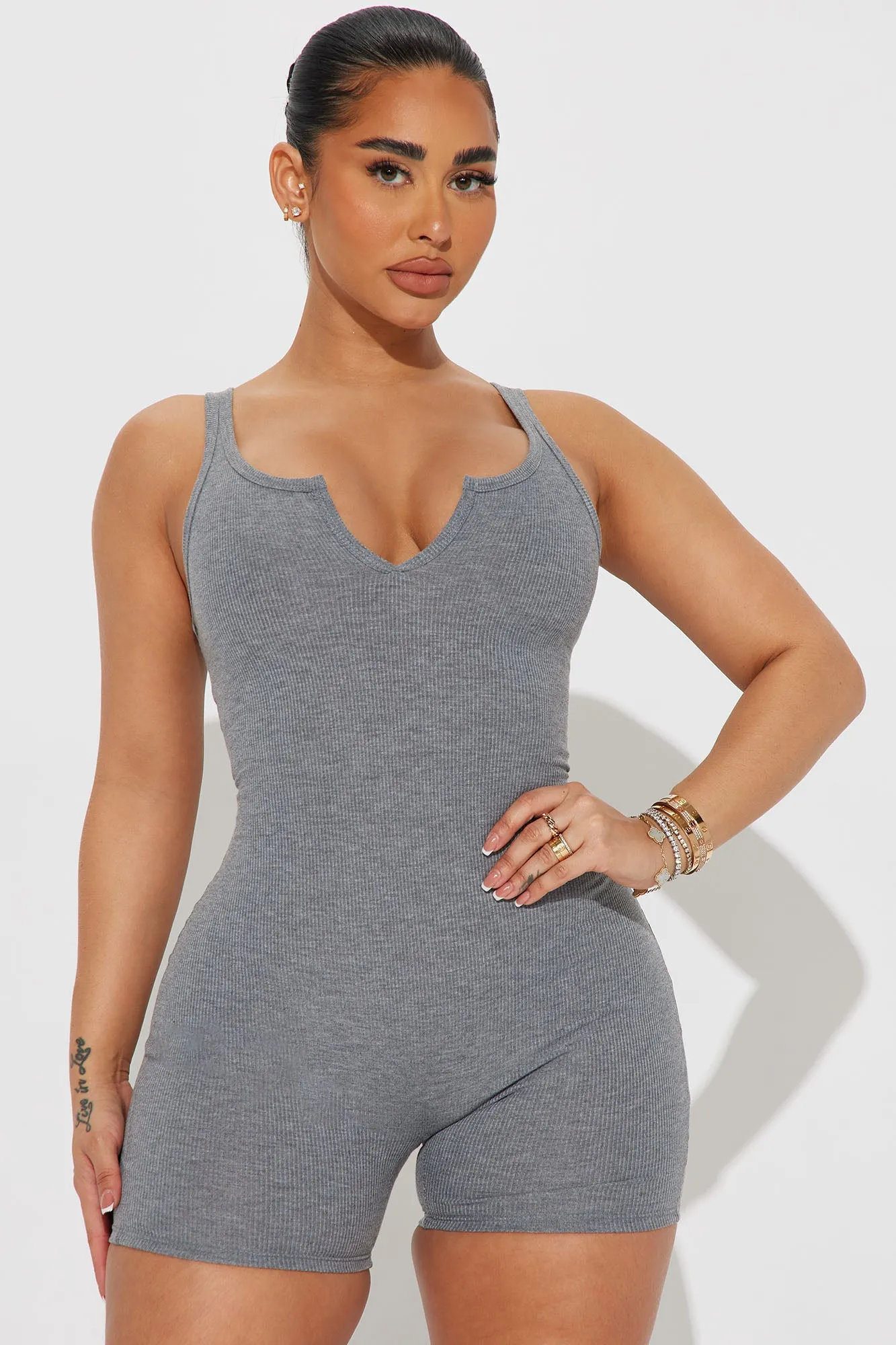 Arianna Ribbed Romper - Heather Grey