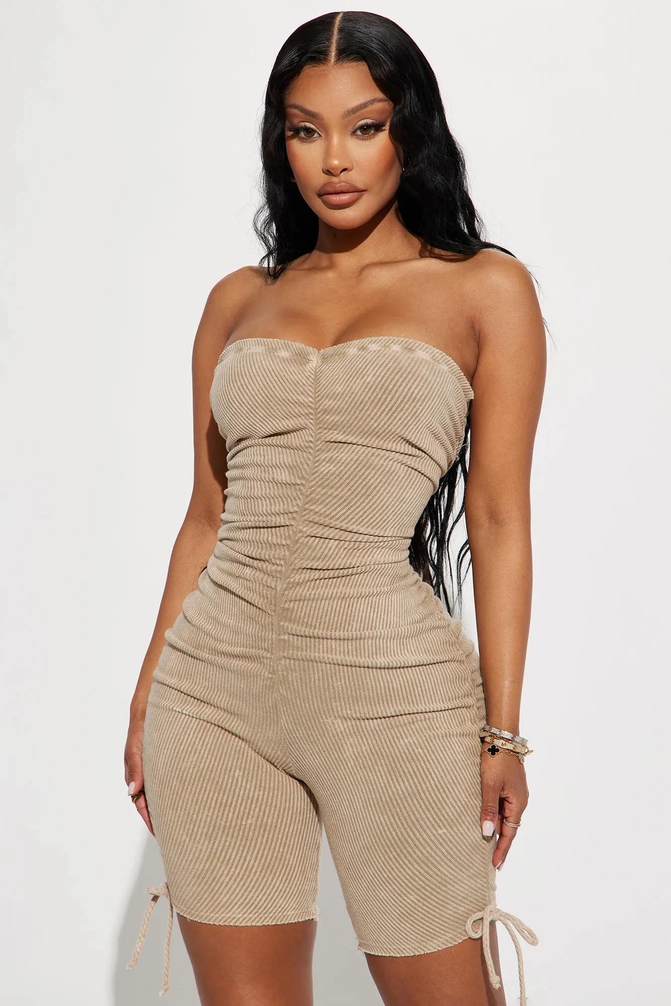 Audrey Mineral Wash Rib Romper - Taupe