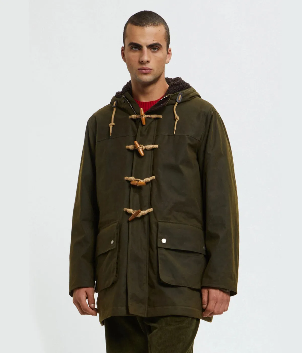 BARACUTA WAXED DUFFLE COAT BRCPS1067 DEEP MOSS MILLERAIN FABRIC