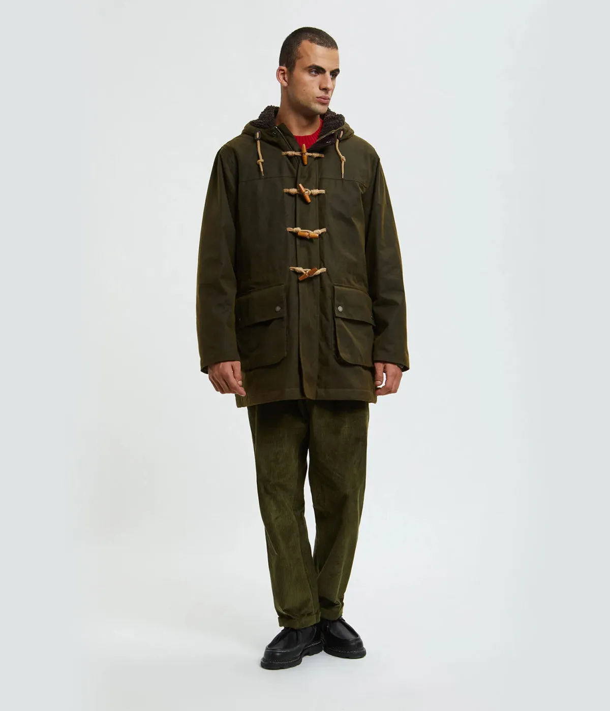 BARACUTA WAXED DUFFLE COAT BRCPS1067 DEEP MOSS MILLERAIN FABRIC