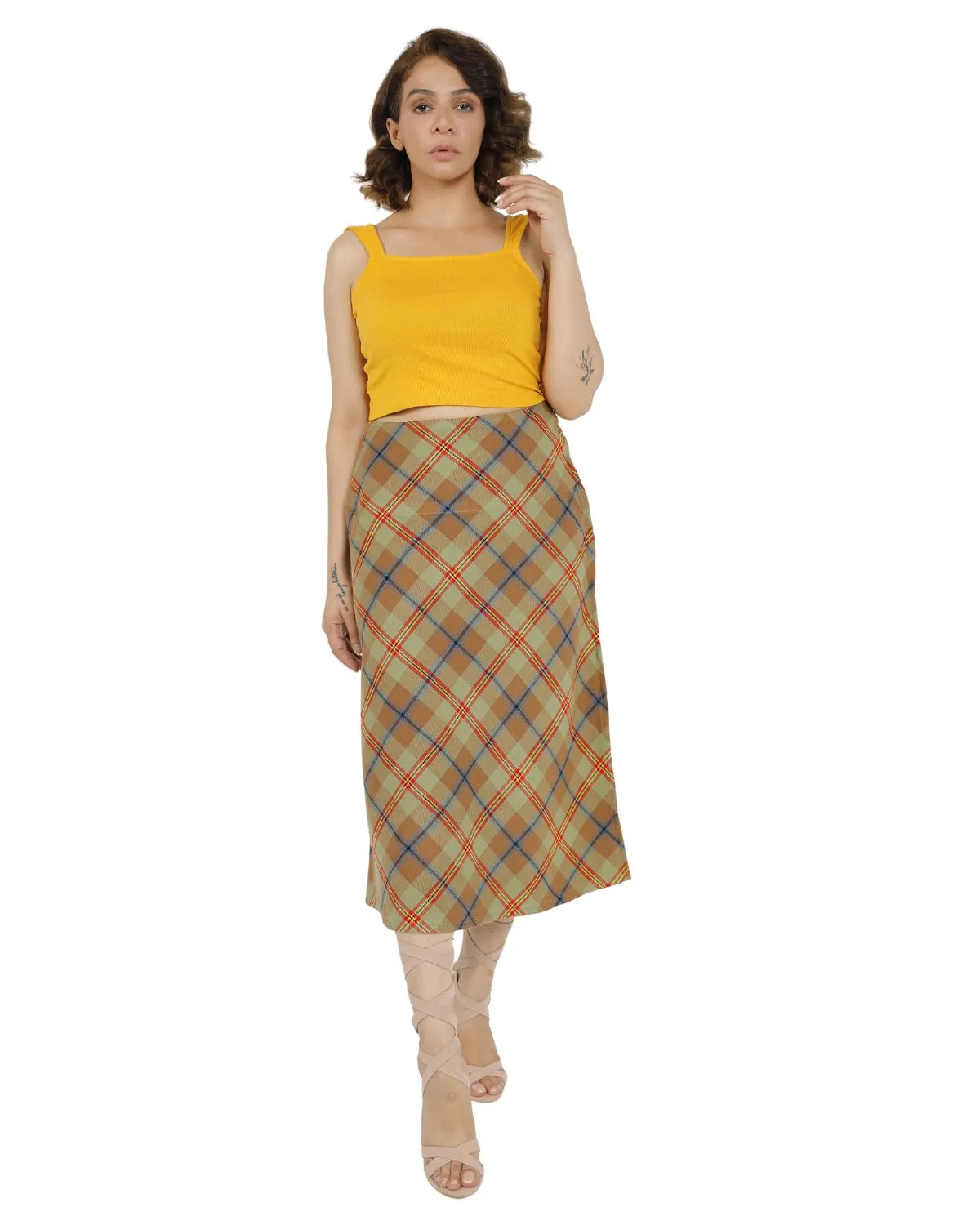 Beige Plaid Midi Skirt