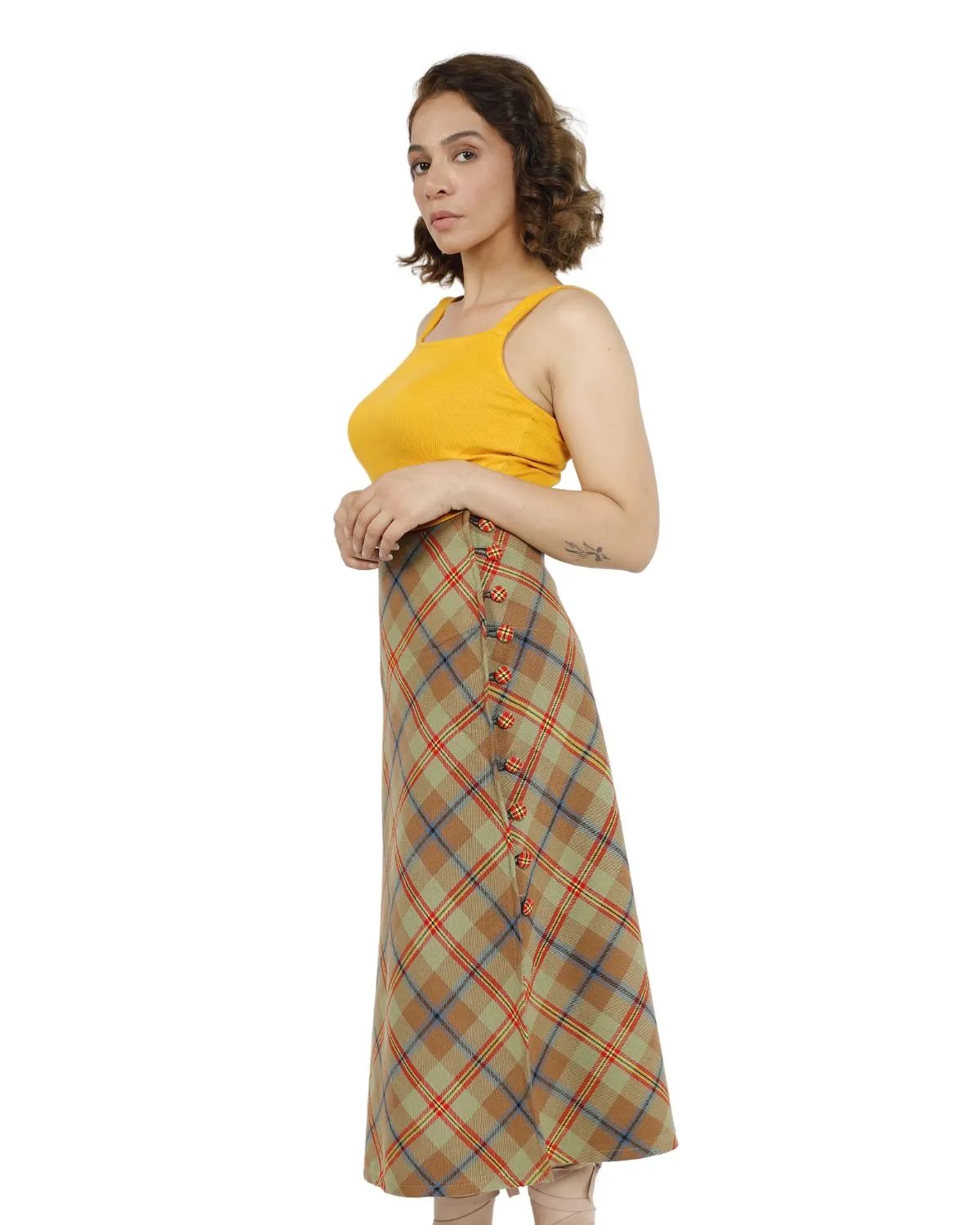Beige Plaid Midi Skirt