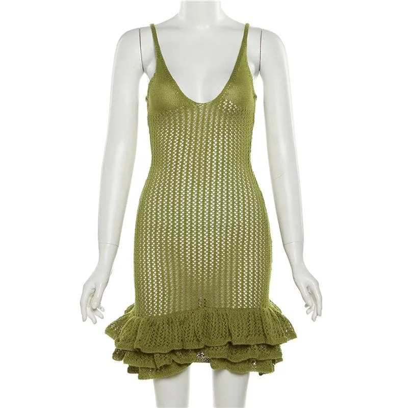 BerriesJam - Crochet V Neck Sleeveless Hollow Out Cut Out Mini Dress