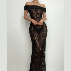 BerriesJam - Lace Off Shoulder See Through Ruched Maxi Dress