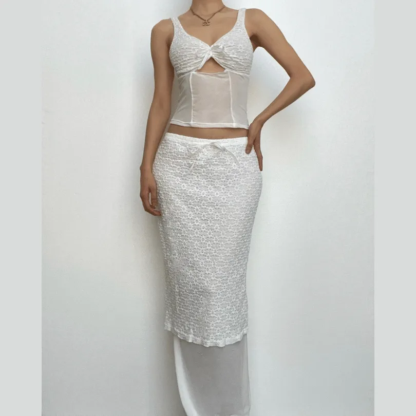BerriesJam - Lace V Neck Sleeveless Hollow Out Patchwork Maxi Skirt Set