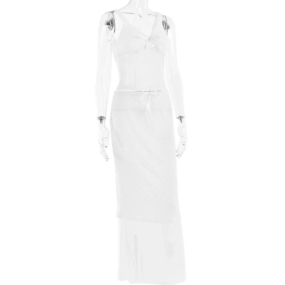 BerriesJam - Lace V Neck Sleeveless Hollow Out Patchwork Maxi Skirt Set