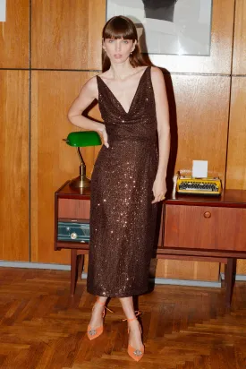 BERTA dark brown sequins midi dress