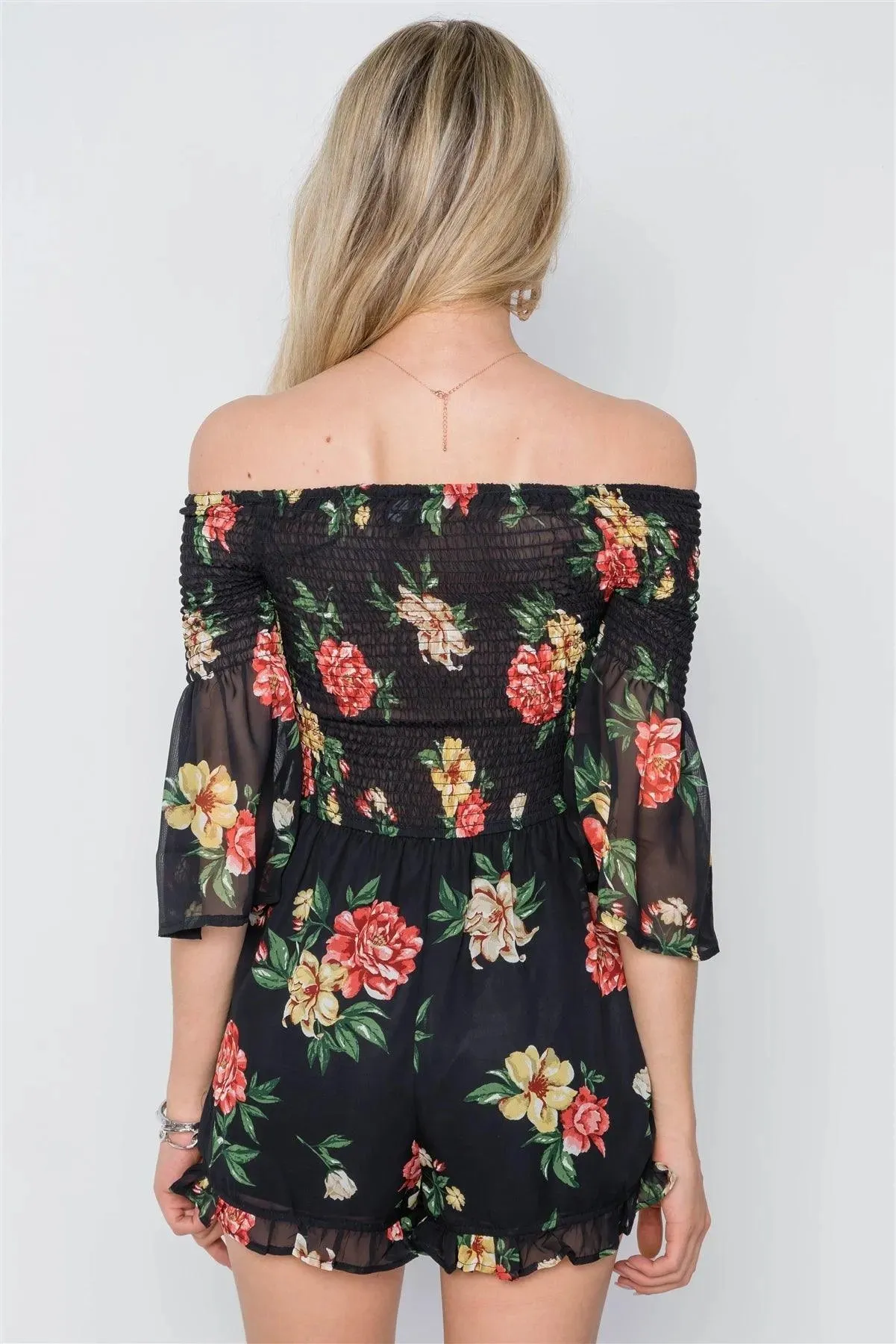 Black Smocked Floral Print Off-The-Shoulder Romper /1-3