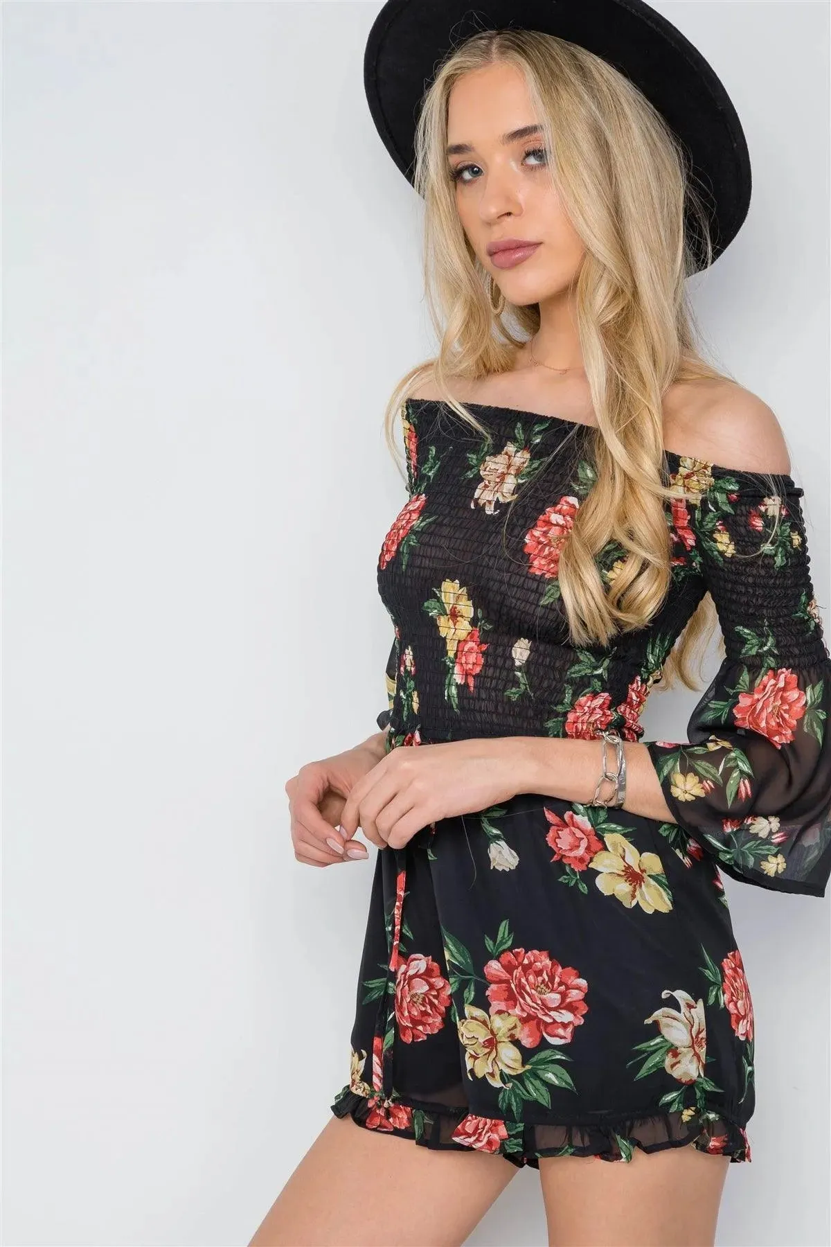 Black Smocked Floral Print Off-The-Shoulder Romper /1-3