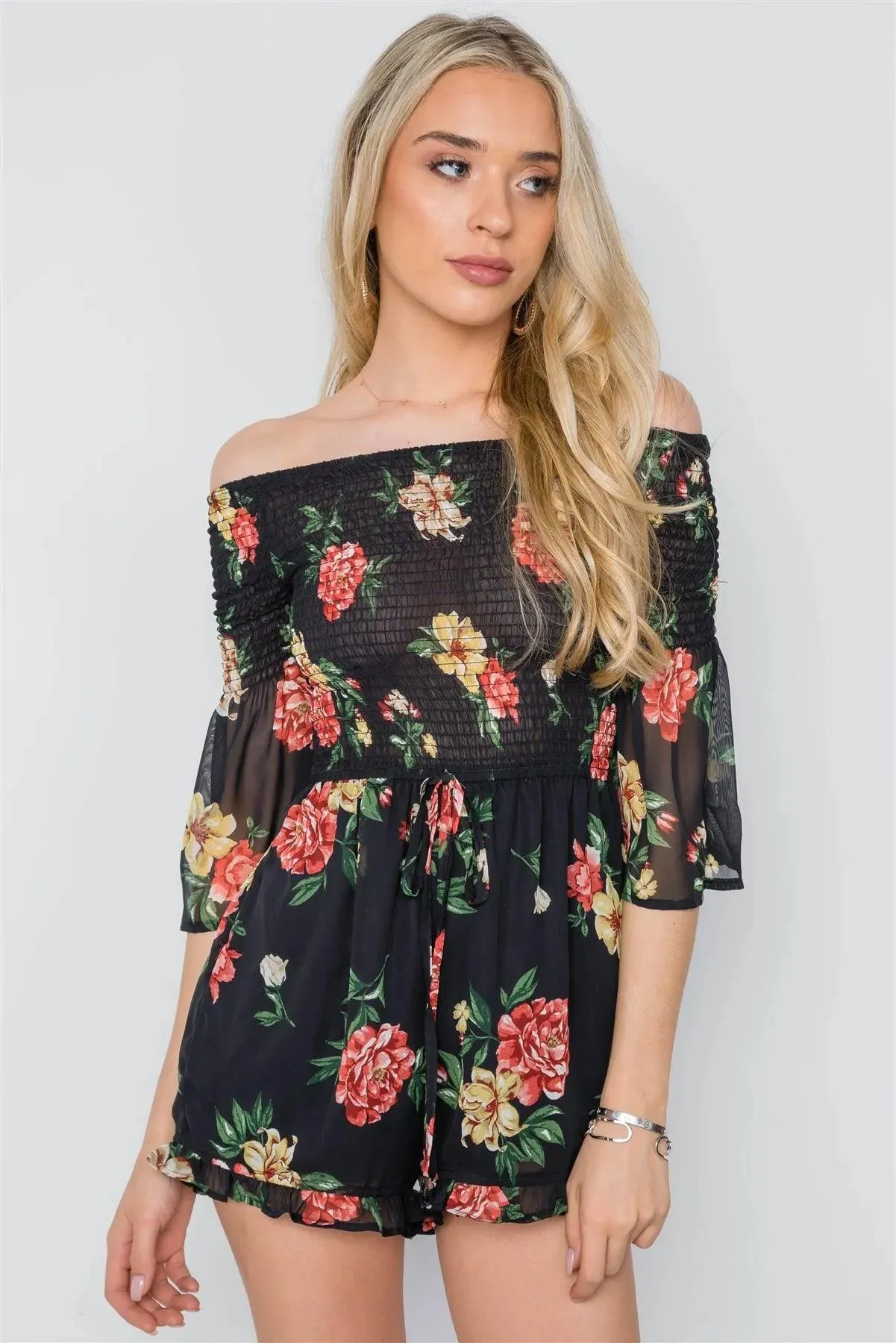 Black Smocked Floral Print Off-The-Shoulder Romper /1-3