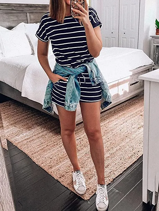 Blue Summer Crewneck Casual Loose Short Sleeve Jumpsuit Rompers One Piece Pajamas Loungewear with Pockets - ANRABESS