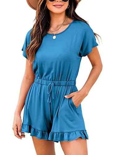 Blue Summer Crewneck Casual Loose Short Sleeve Jumpsuit Rompers One Piece Pajamas Loungewear with Pockets - ANRABESS