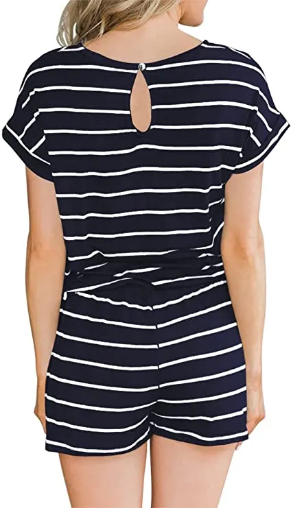 Blue Summer Crewneck Casual Loose Short Sleeve Jumpsuit Rompers One Piece Pajamas Loungewear with Pockets - ANRABESS