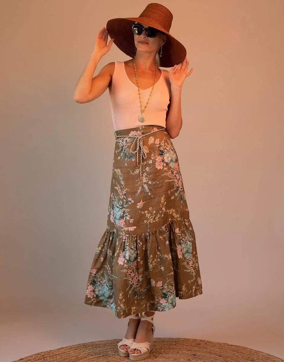 Brown Floral Cassia Frill Hem Midi Skirt