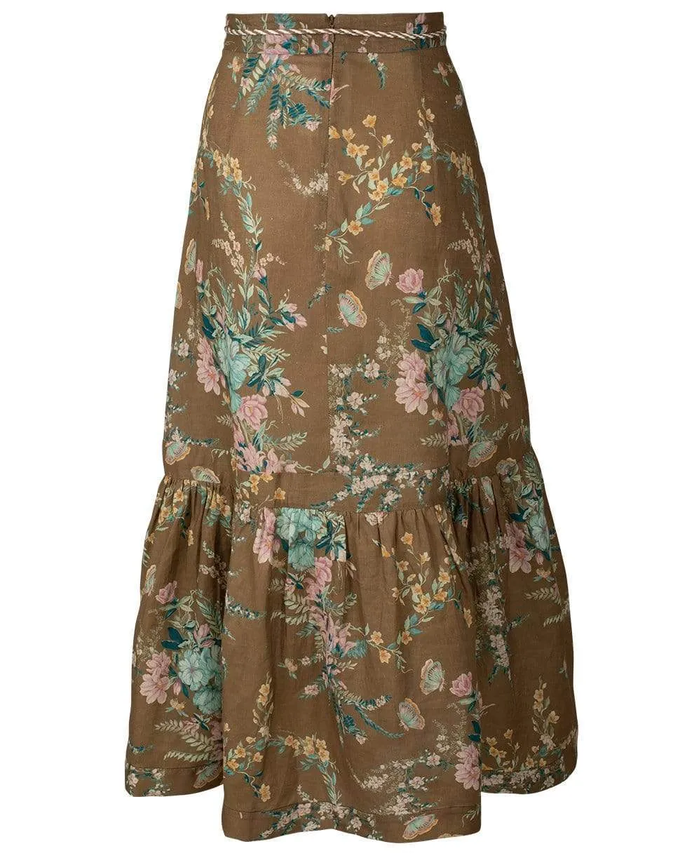Brown Floral Cassia Frill Hem Midi Skirt