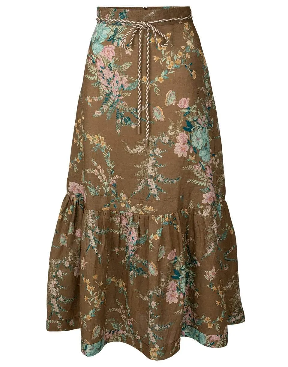 Brown Floral Cassia Frill Hem Midi Skirt
