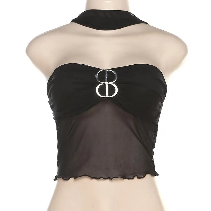 Buckle mesh ruffle halter backless low cut crop top y2k 90s Revival Techno Fashion
