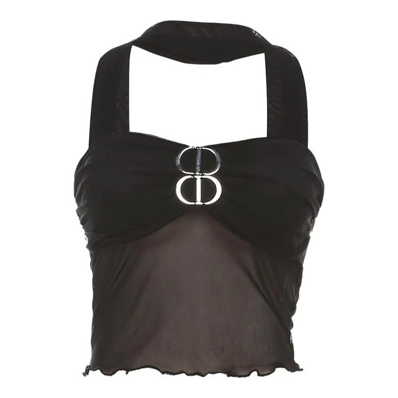 Buckle mesh ruffle halter backless low cut crop top y2k 90s Revival Techno Fashion