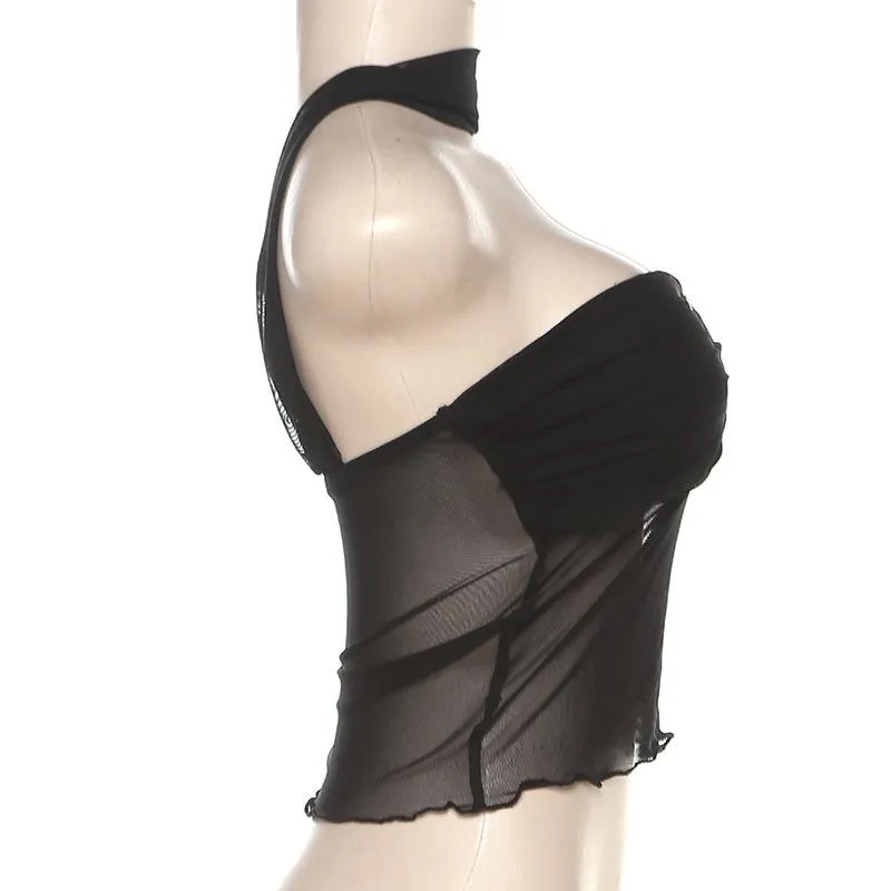 Buckle mesh ruffle halter backless low cut crop top y2k 90s Revival Techno Fashion