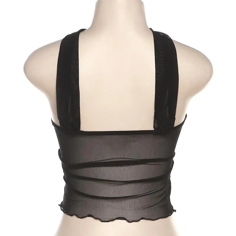 Buckle mesh ruffle halter backless low cut crop top y2k 90s Revival Techno Fashion