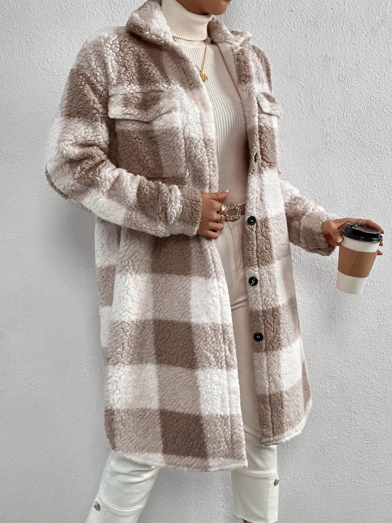 Buffalo Plaid Print Drop Shoulder Teddy Coat