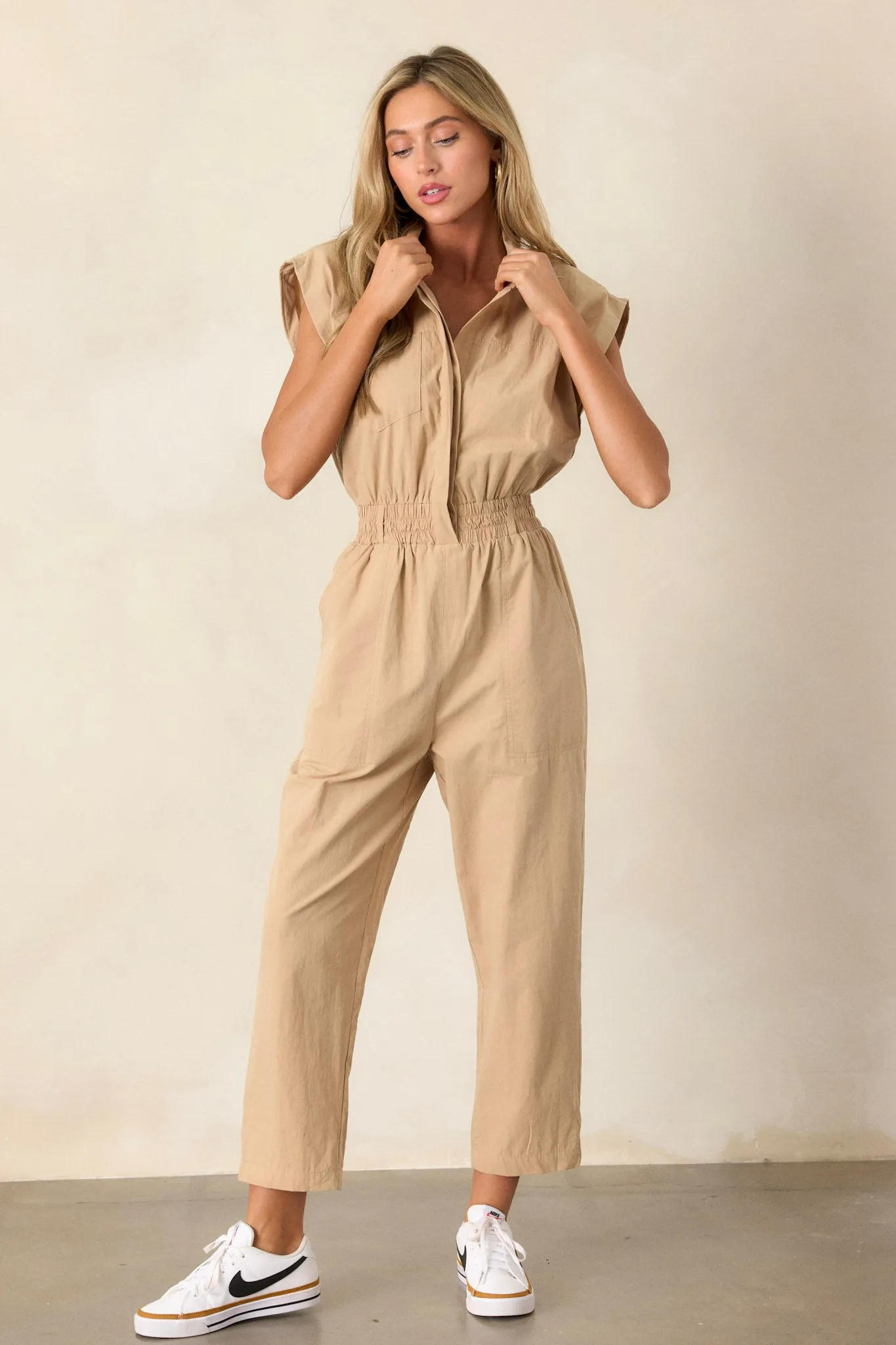 But A Dream Taupe Cotton Cargo Jumpsuit