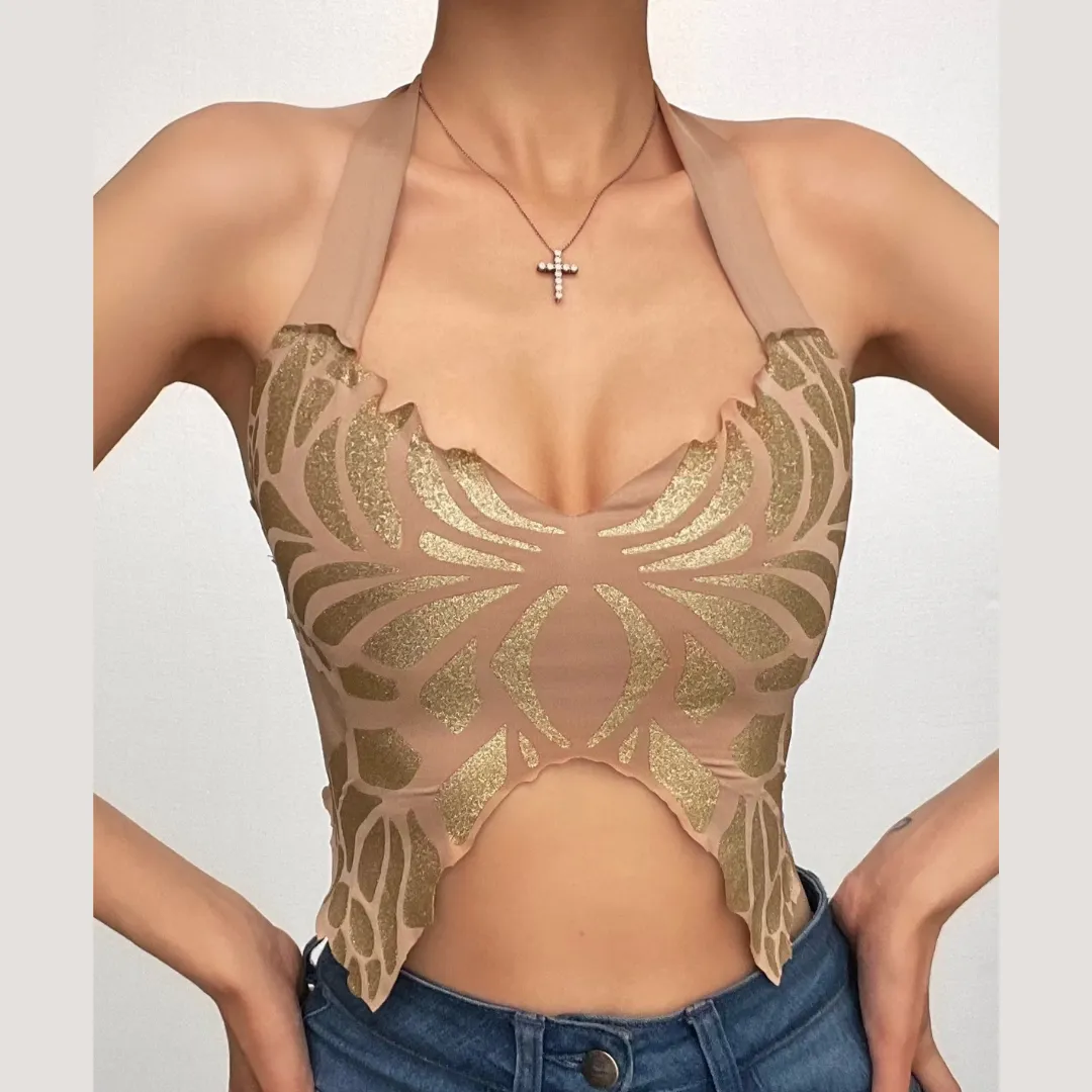 Butterfly pattern halter metallic self tie backless crop top