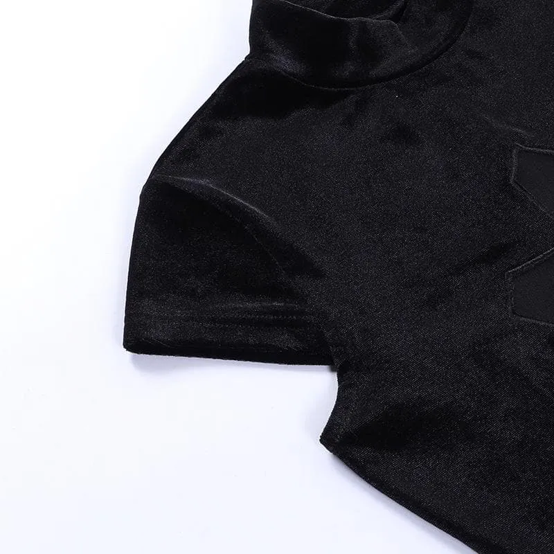 Cap sleeve mesh cross pattern velvet high neck solid top