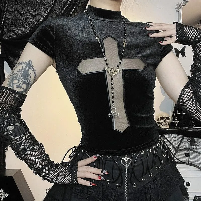 Cap sleeve mesh cross pattern velvet high neck solid top