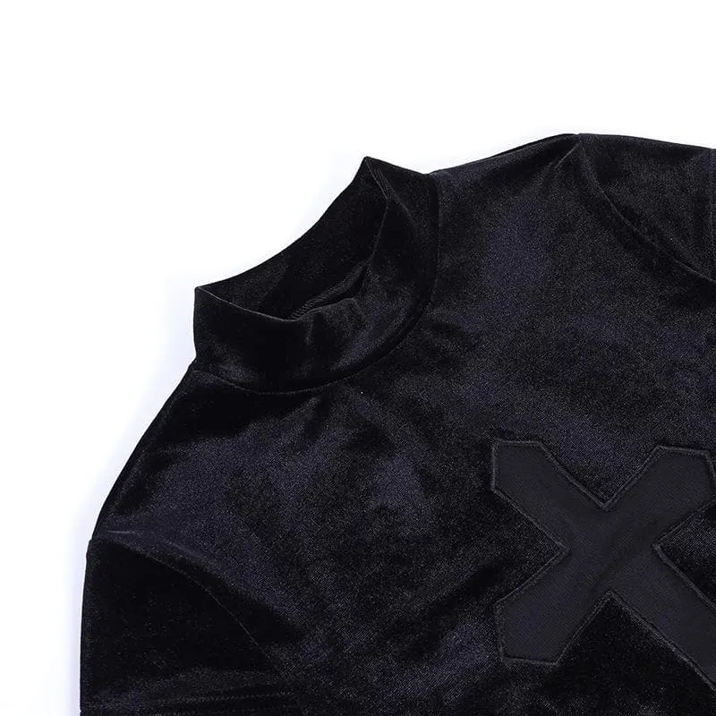 Cap sleeve mesh cross pattern velvet high neck solid top