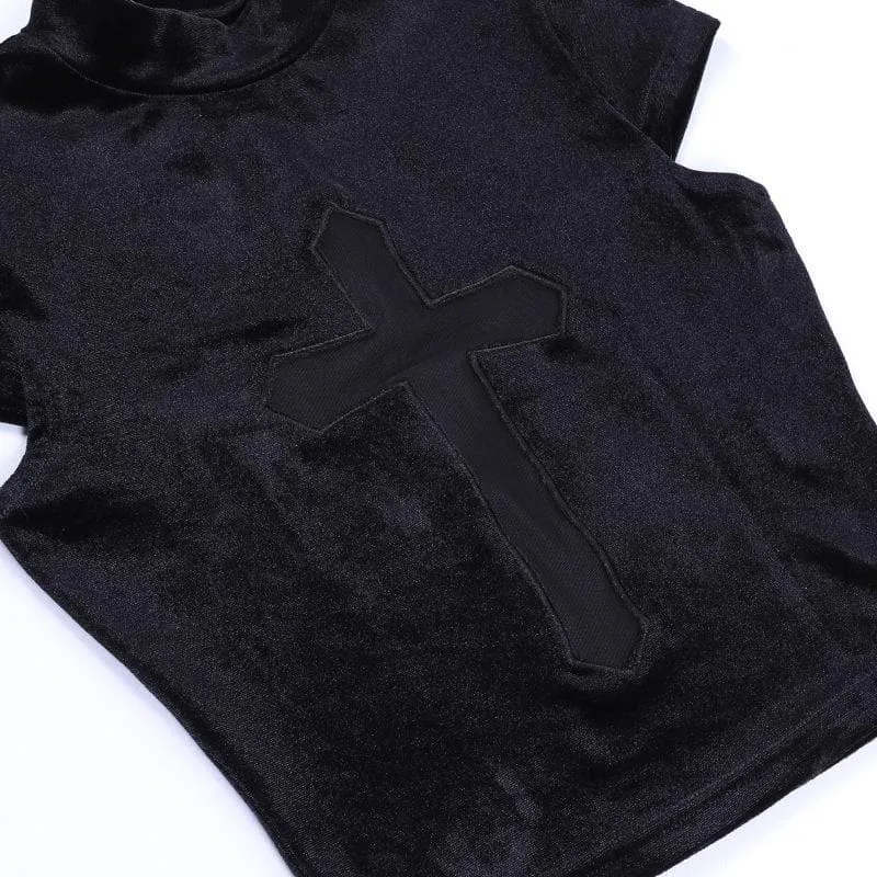 Cap sleeve mesh cross pattern velvet high neck solid top