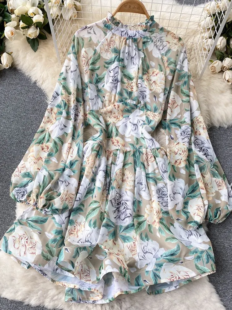 Clothes for Women New Fashion Print Open Back Sexy Dress Stand Up Neck Lace Up Long Sleeve Short Dresses Holidays Streetwear