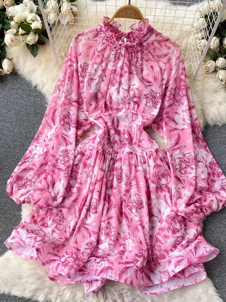 Clothes for Women New Fashion Print Open Back Sexy Dress Stand Up Neck Lace Up Long Sleeve Short Dresses Holidays Streetwear