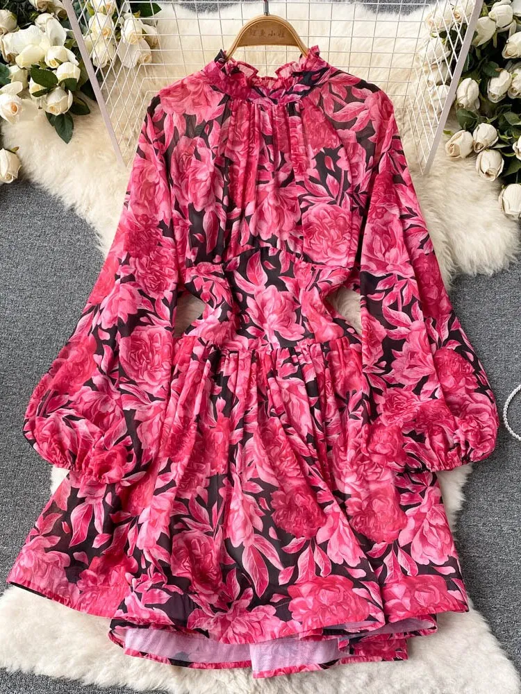Clothes for Women New Fashion Print Open Back Sexy Dress Stand Up Neck Lace Up Long Sleeve Short Dresses Holidays Streetwear