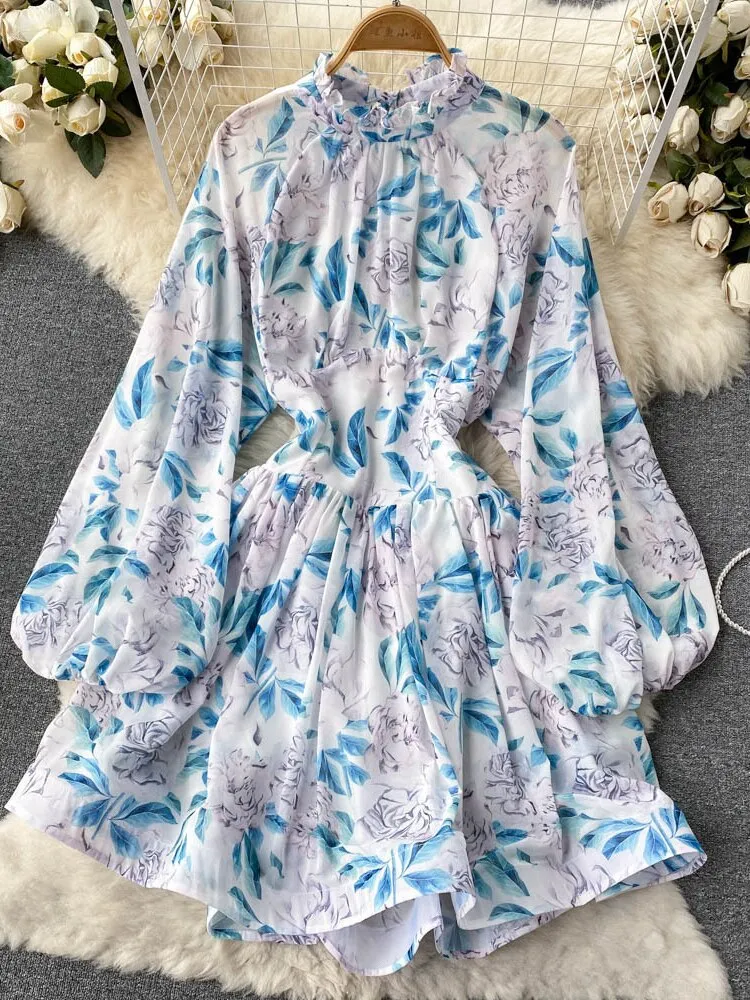 Clothes for Women New Fashion Print Open Back Sexy Dress Stand Up Neck Lace Up Long Sleeve Short Dresses Holidays Streetwear