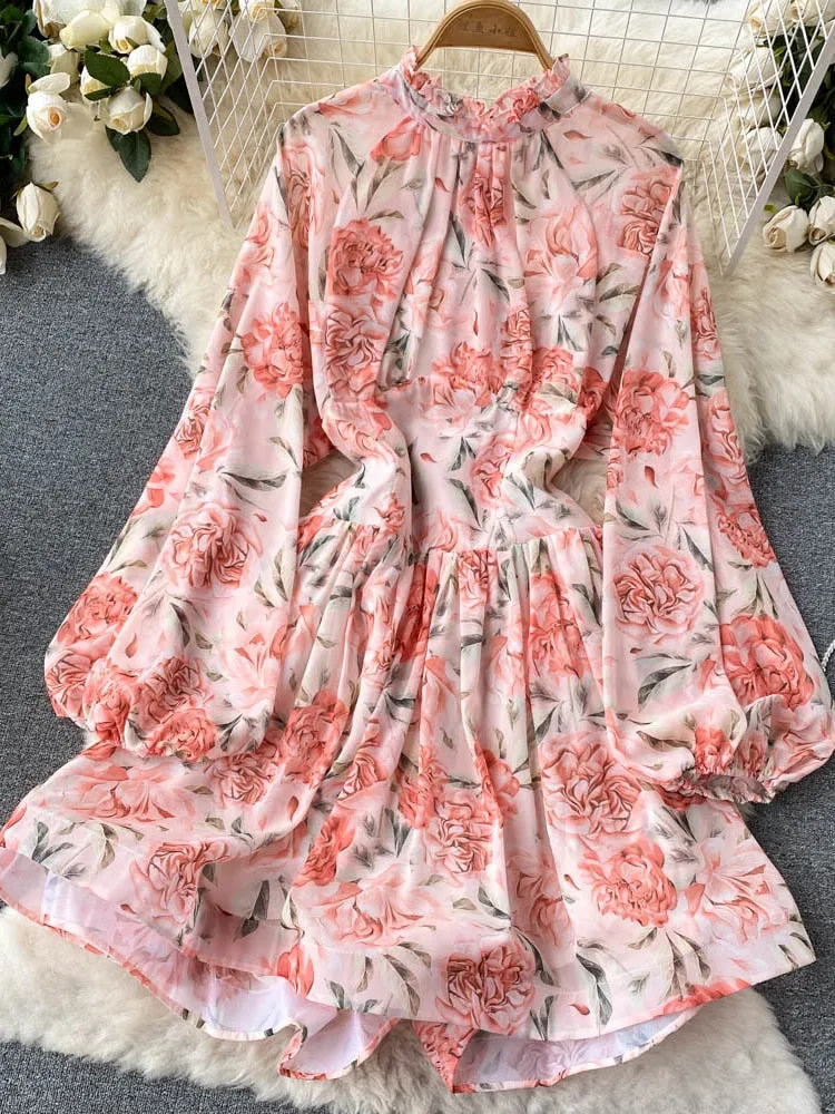 Clothes for Women New Fashion Print Open Back Sexy Dress Stand Up Neck Lace Up Long Sleeve Short Dresses Holidays Streetwear