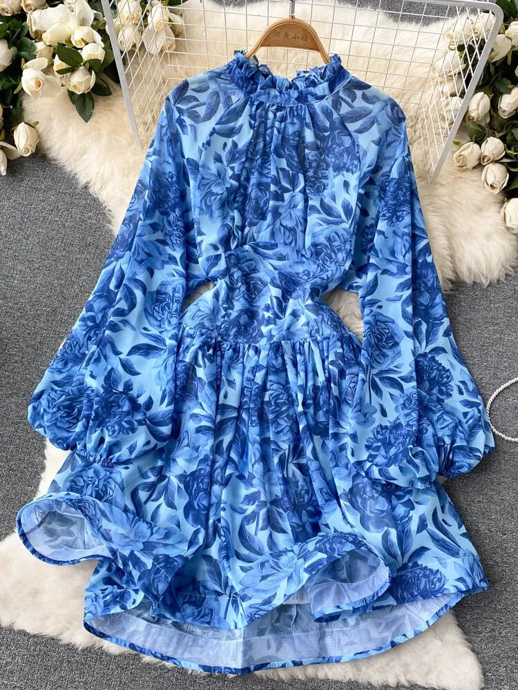 Clothes for Women New Fashion Print Open Back Sexy Dress Stand Up Neck Lace Up Long Sleeve Short Dresses Holidays Streetwear