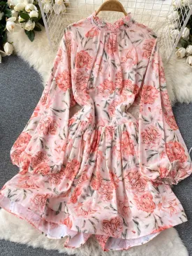 Clothes for Women New Fashion Print Open Back Sexy Dress Stand Up Neck Lace Up Long Sleeve Short Dresses Holidays Streetwear