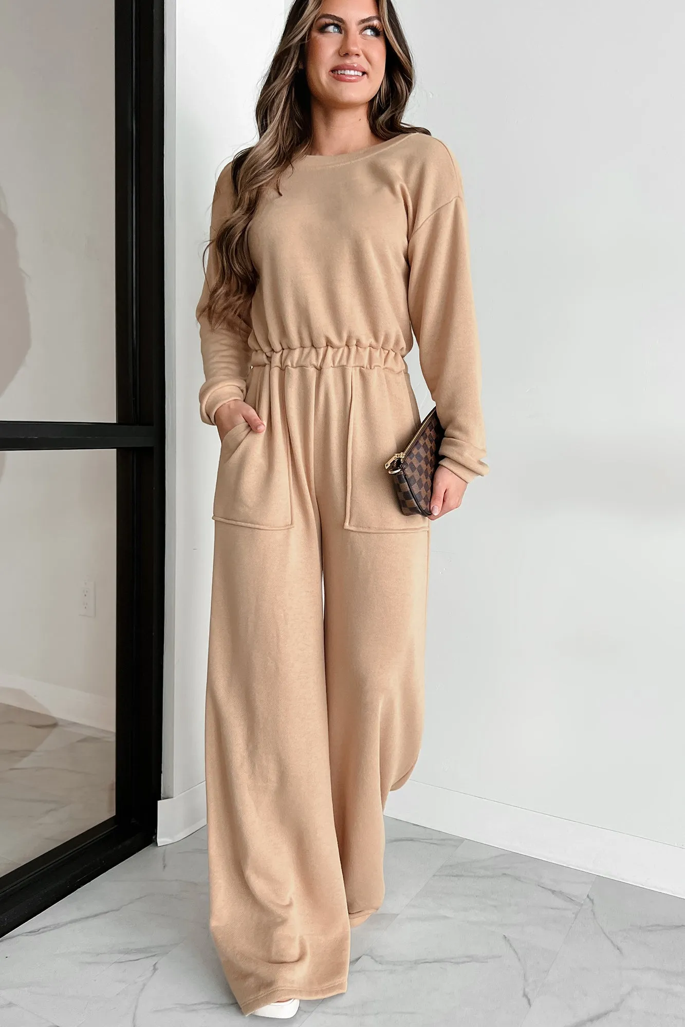 Cozy Refuge Long Sleeve Wide Leg Jumpsuit (Taupe)