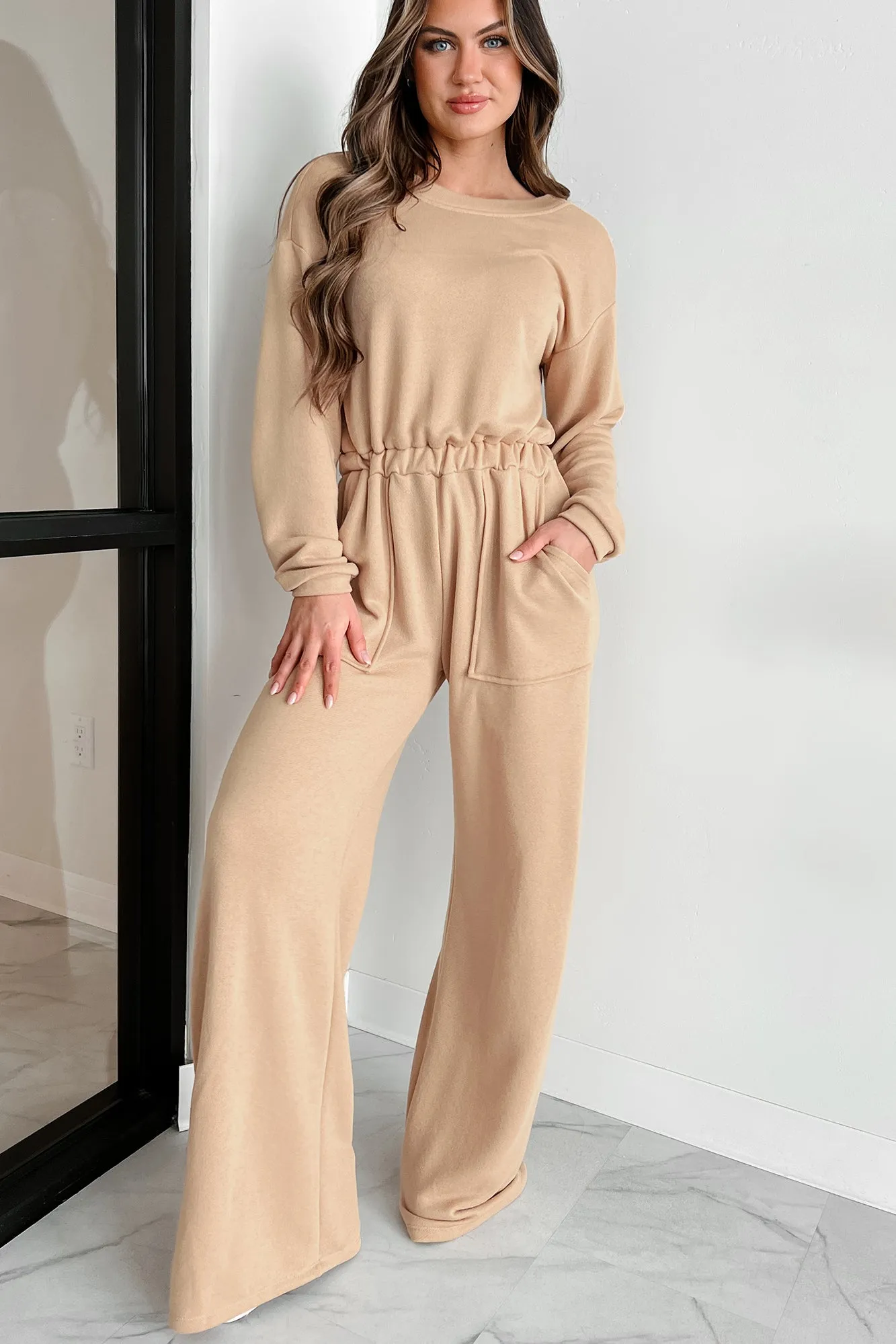 Cozy Refuge Long Sleeve Wide Leg Jumpsuit (Taupe)