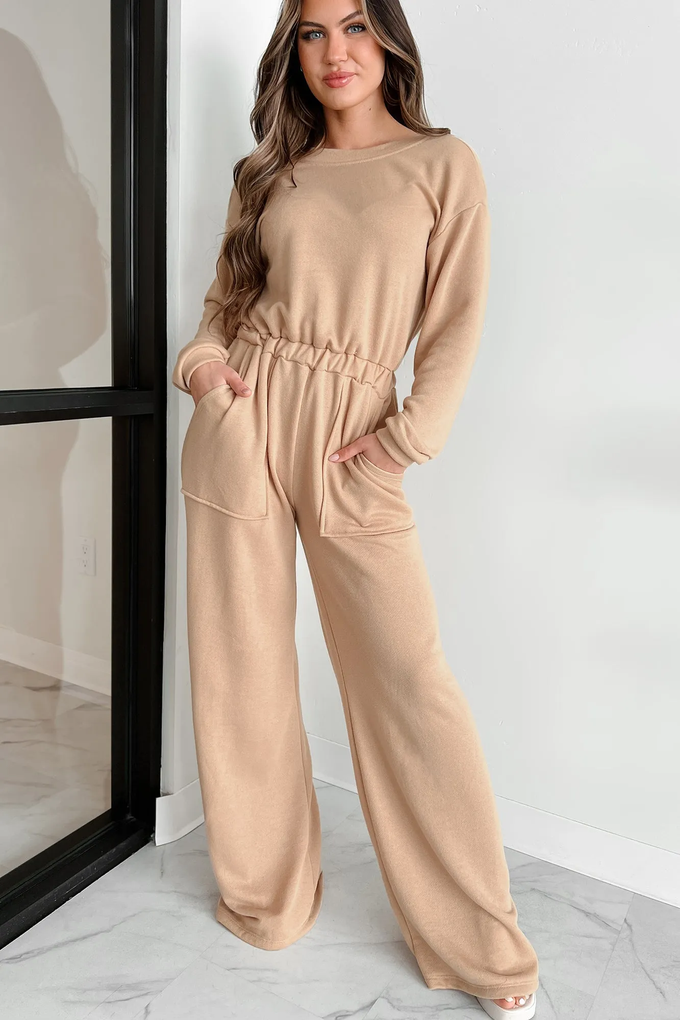 Cozy Refuge Long Sleeve Wide Leg Jumpsuit (Taupe)