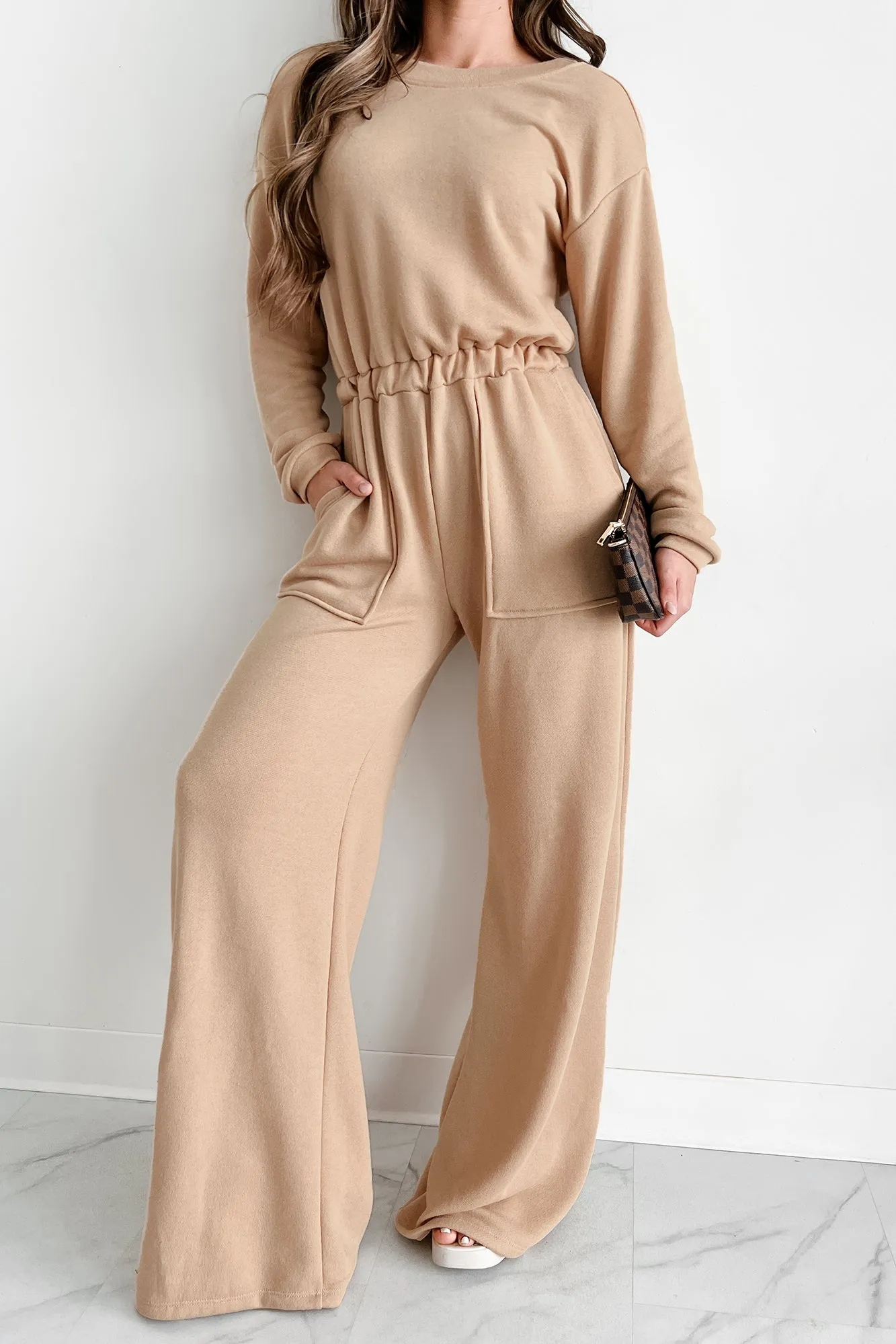 Cozy Refuge Long Sleeve Wide Leg Jumpsuit (Taupe)