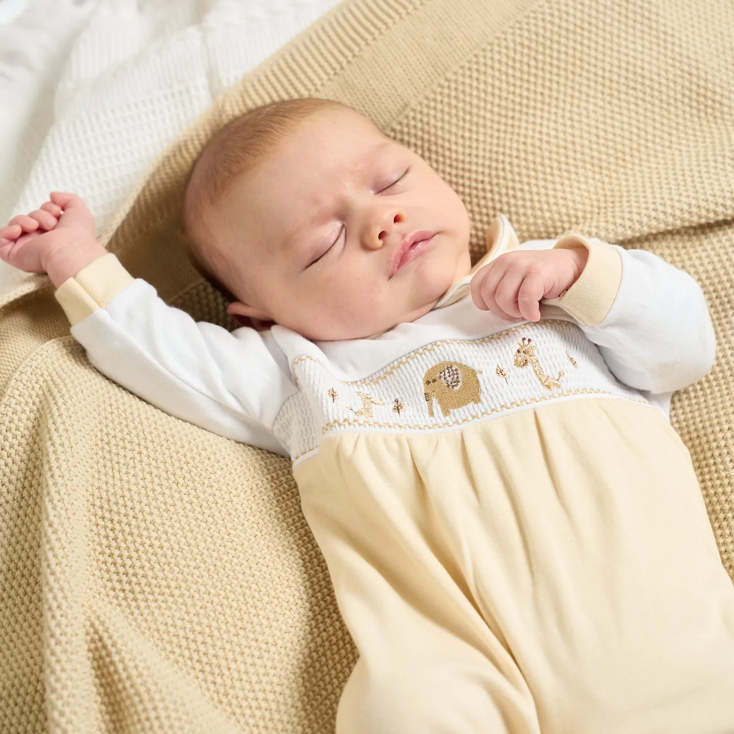Dandelion Taupe Jungle Friends Smocked Sleepsuit