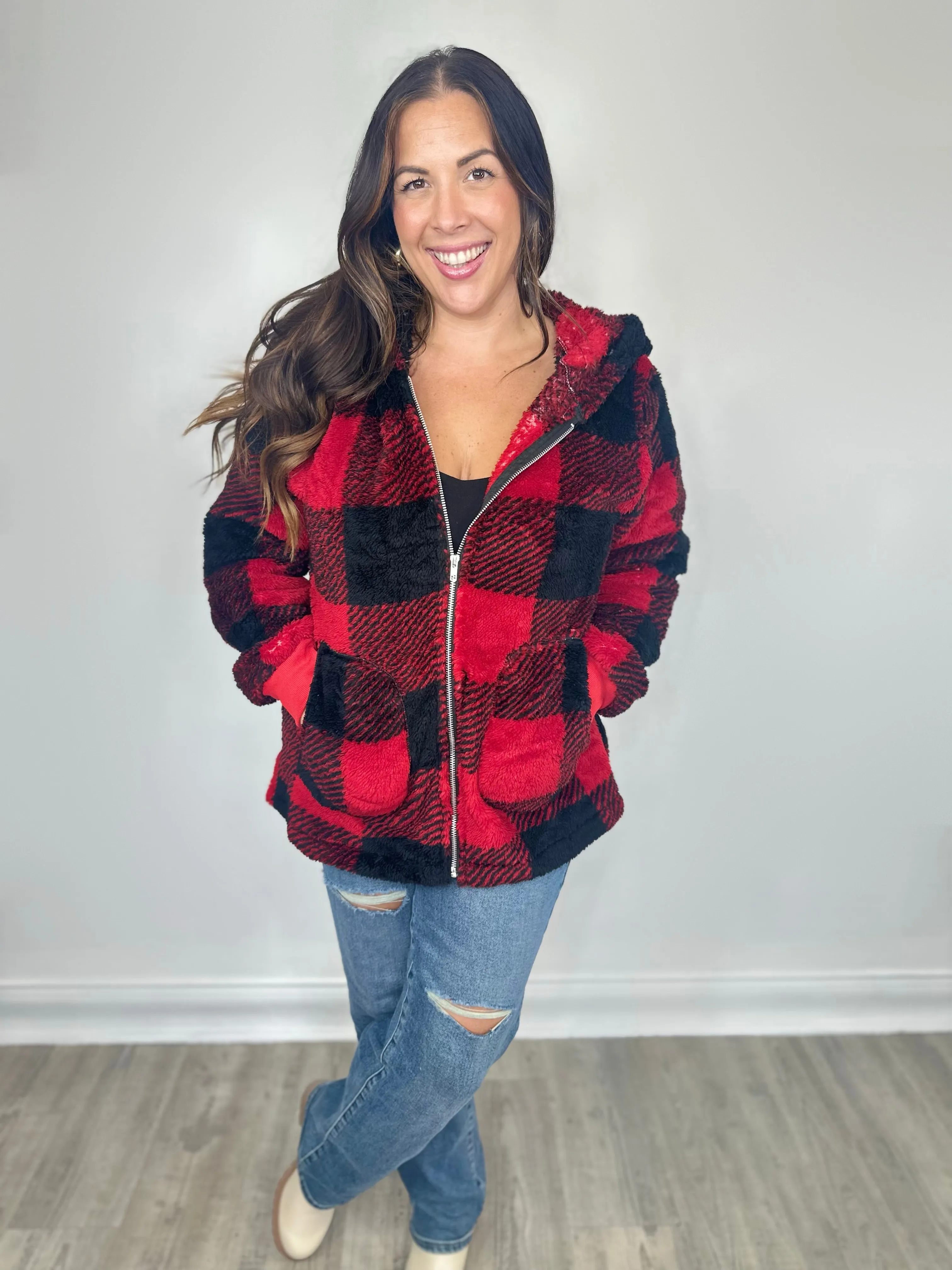 Double Take Full Size Plaid Long Sleeve Hooded Coat