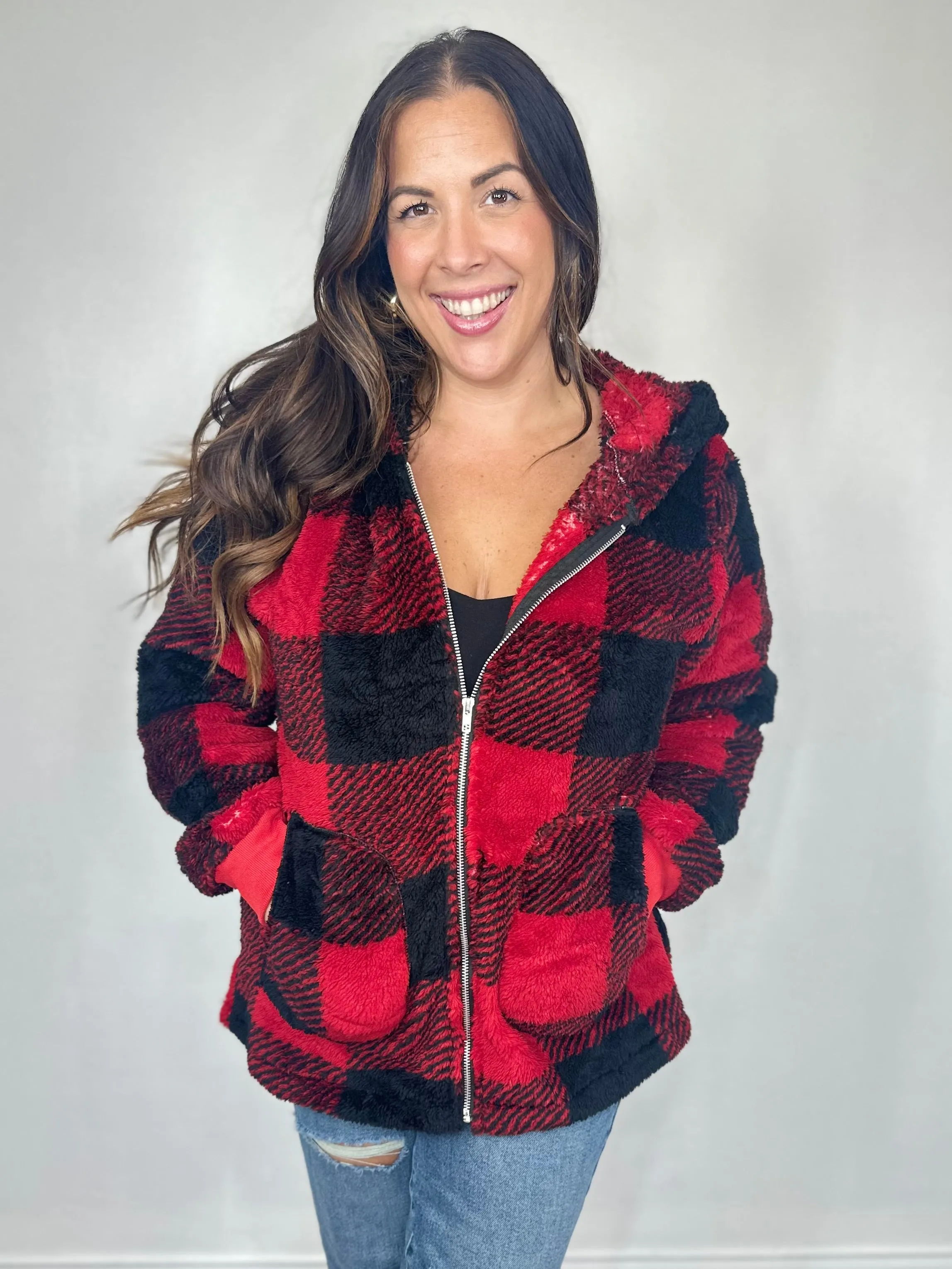 Double Take Full Size Plaid Long Sleeve Hooded Coat