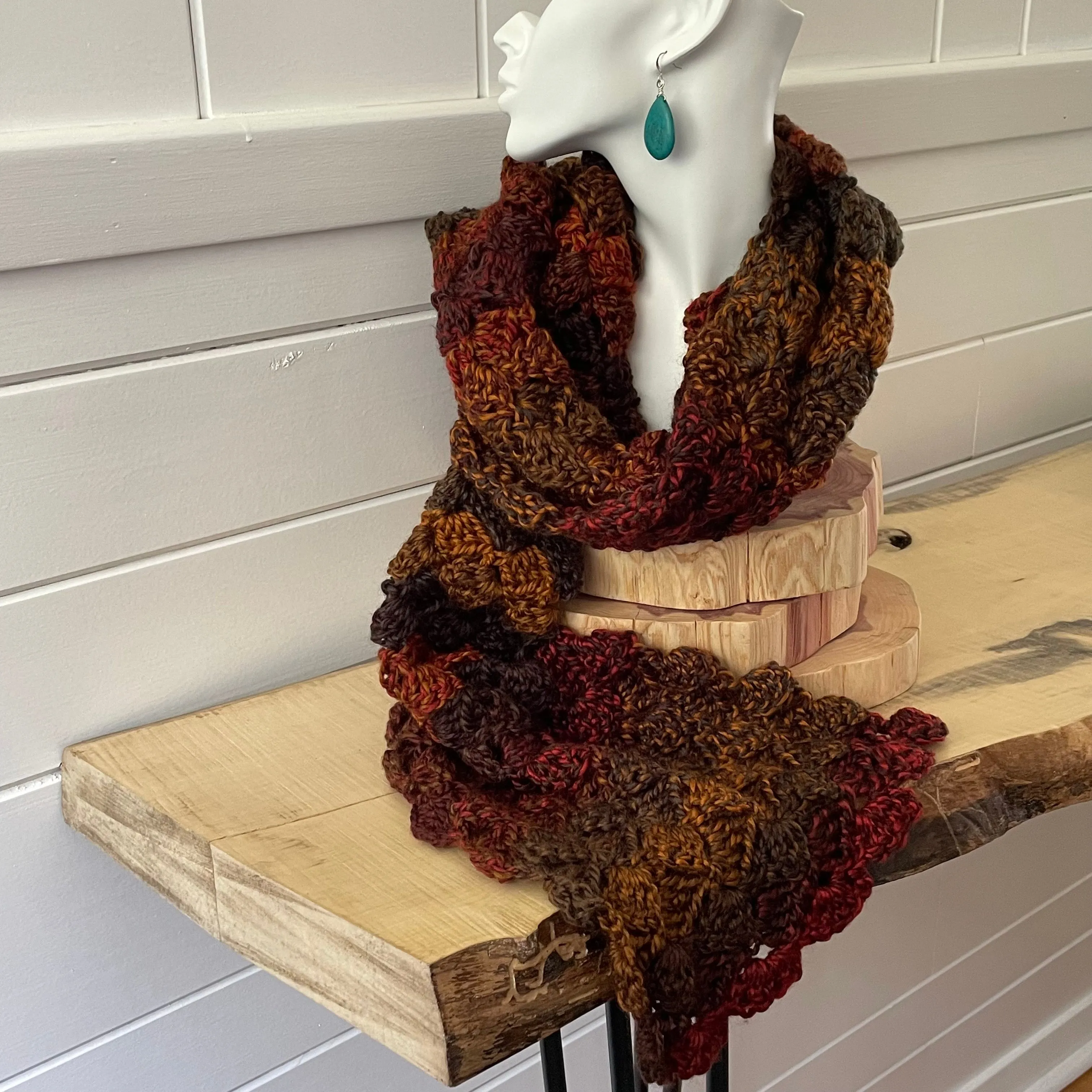 Extra Soft Autumn Marble Long Scarf Hand Crochet Knit Unisex Men Women Retro Vintage Style Red Orange Brown Copper Handmade Gift Accessory