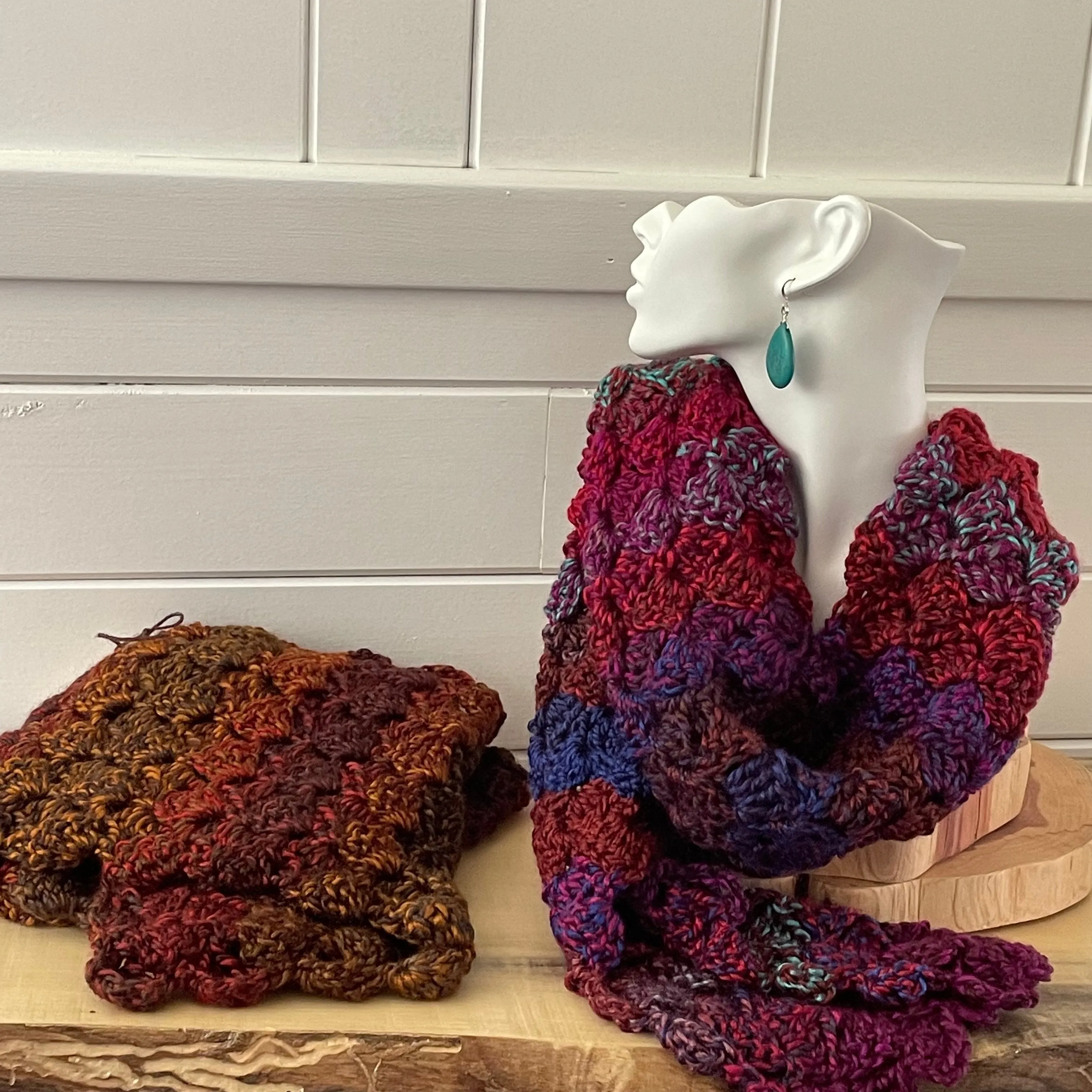 Extra Soft Autumn Marble Long Scarf Hand Crochet Knit Unisex Men Women Retro Vintage Style Red Orange Brown Copper Handmade Gift Accessory