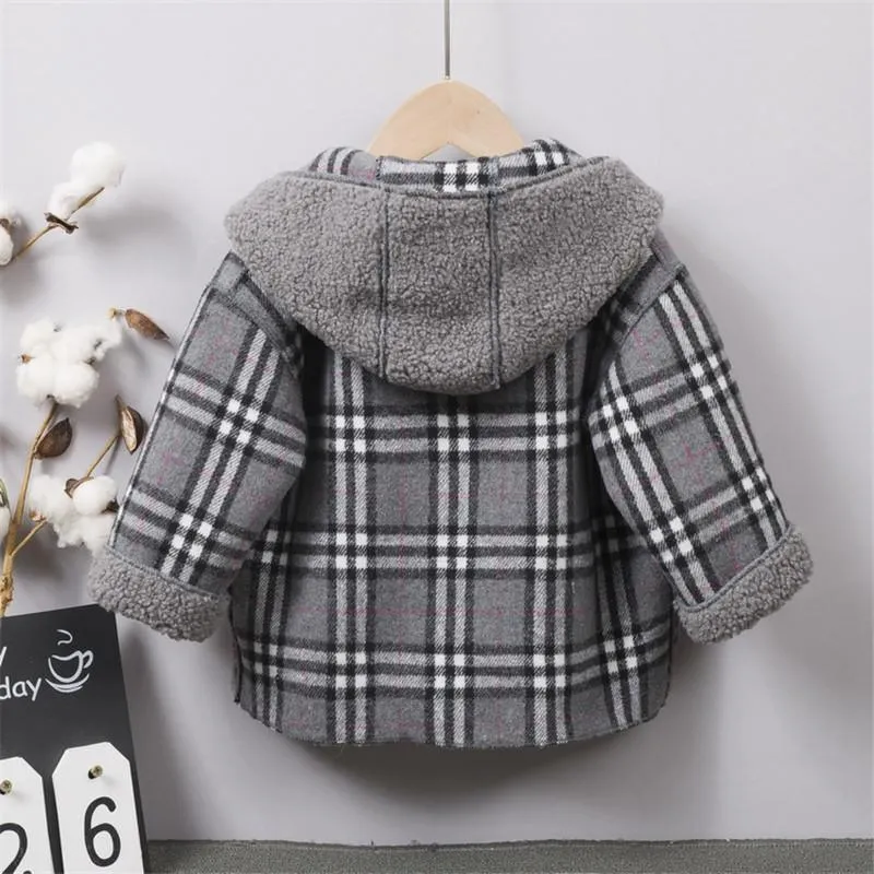 Extra Thick Plaid Duffle Coat Trench for Children Boy