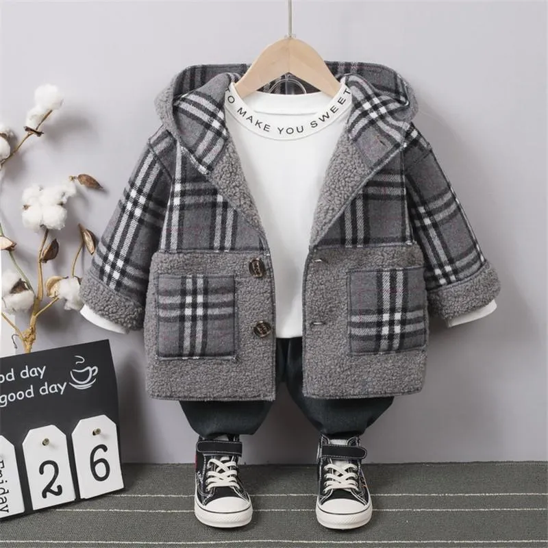Extra Thick Plaid Duffle Coat Trench for Children Boy